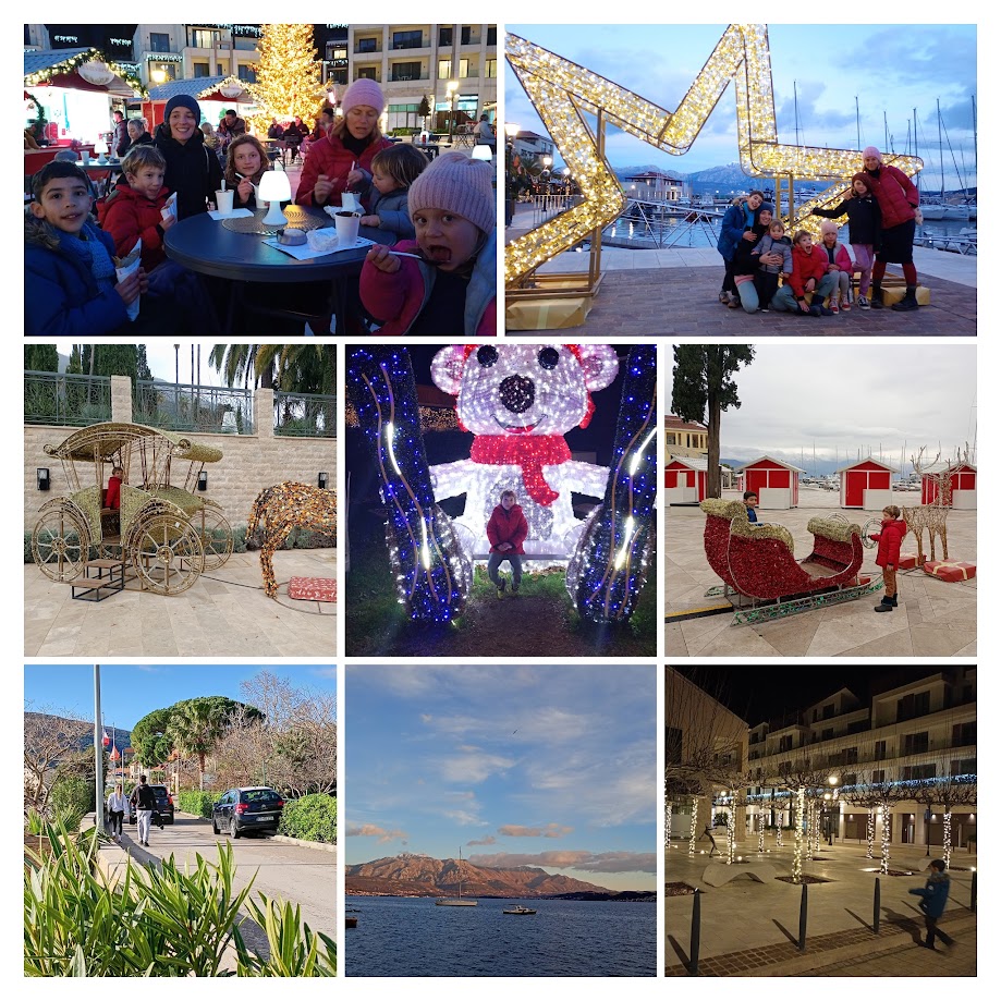 Živopisni prizor Portonovi Prazničnog Bazara na Marina Trgu. Slika prikazuje blistave praznične kućice sa kuvanim vinom i poslasticama, klizalište sa klizačima i bogate novogodišnje dekoracije. Savršeno mjesto za porodičnu zabavu i odmor nakon šetnje obalom, od Đenovića do Portonovog.