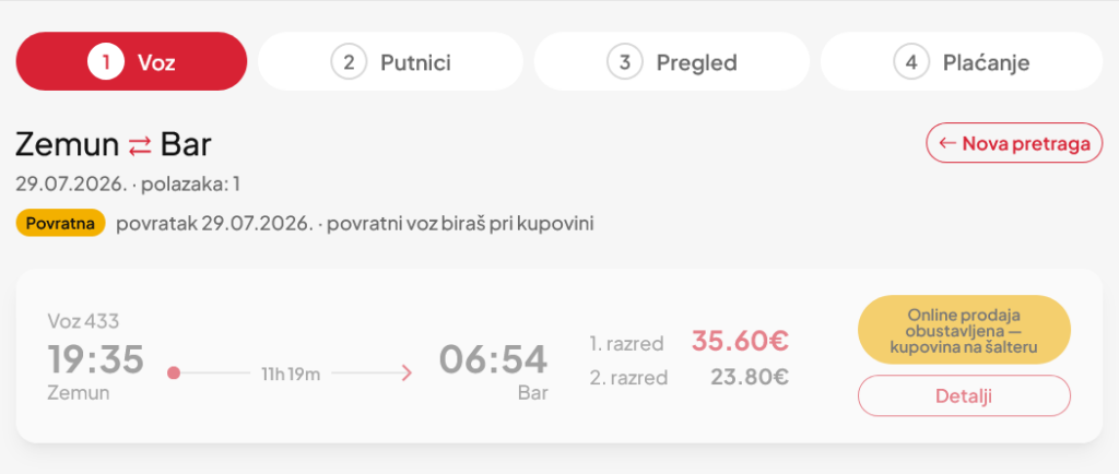 Zemun ⇄ Bar kupovina karata za voz online